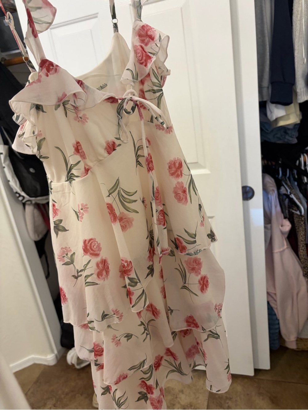 wild fable Cream Floral Ruffle Sundress with Pink Roses